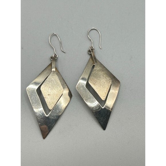 Sterling Silver Diamond Shaped Dangles Earrings Pierced Drops 925 Textured - Picture 4 of 6